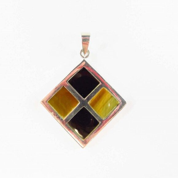 Vintage Kite Form Sterling Pendant Inlaid Tigers Eye & Onyx 2" Drop - Picture 2 of 6